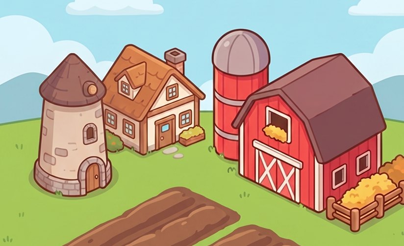 Acorn Acres — a cozy cartoon farm with a barn, silo and fields