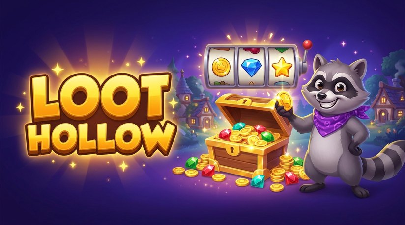 Loot Hollow key art — a raccoon with treasure and slot reels